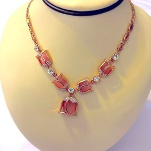 New Rhinestone Tulip Floral Rose Gold Colored Necklace